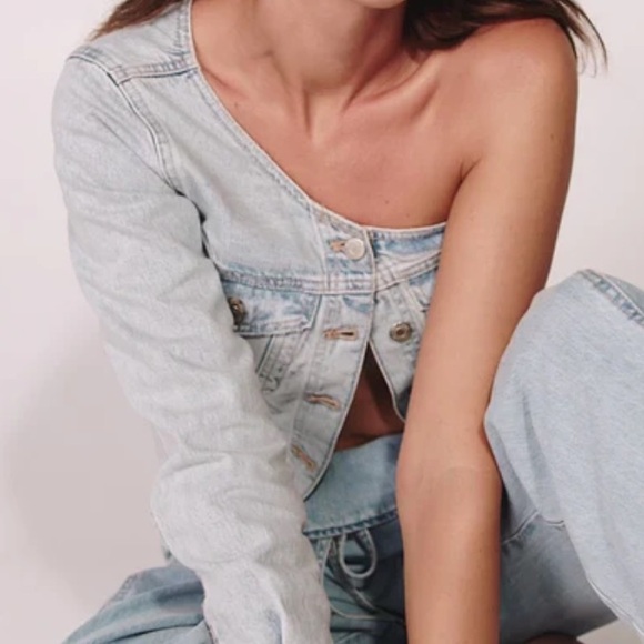 Zara Light Blue Asymmetric Trf Denim One Shoulder Jean Top/Jacket - Picture 4 of 6